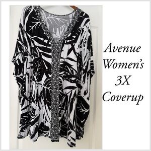 Avenue 3X Monochrome Leaf Print Women's Coverup black white short sleeve